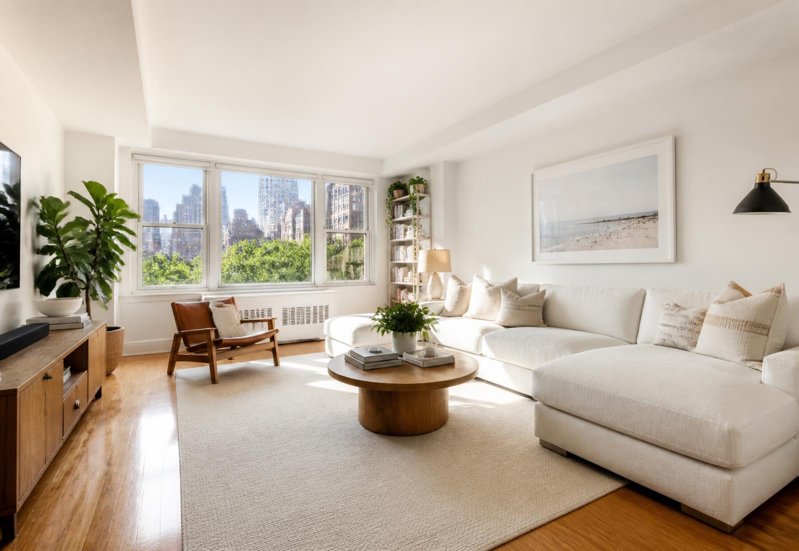 Freshly cleaned bright New York City apartment living room by Ecoline Cleaning Corp.
